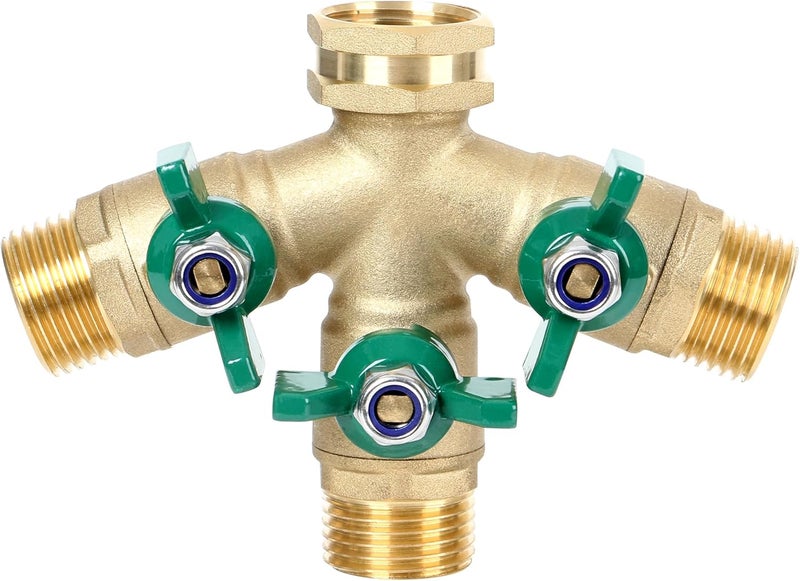 STYDDI Full Flow 3-Way Garden Hose Splitter, Solid Brass High Volume 3 Way Hose Splitter Valve with Metal Handle, Heavy Duty High Flow Spigot Splitter with Shut off Valve, 3/4 Inch Garden Tap Splitter - Image 1